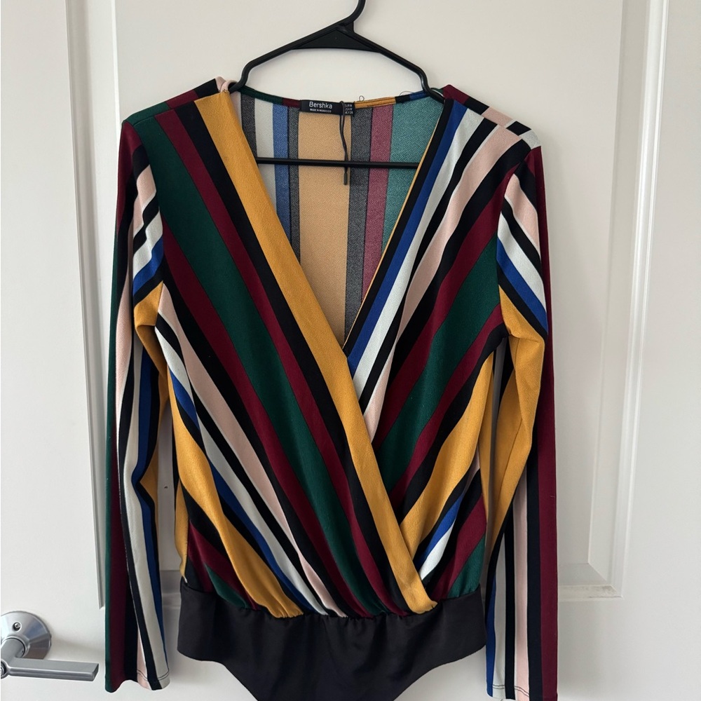 Bershka Multicolor Striped V-Neck Bodysuit